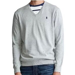 Polo Ralph Lauren Gray Body Blue Pony Pima Cotton V-Neck Sweater Preppy - Sz XL